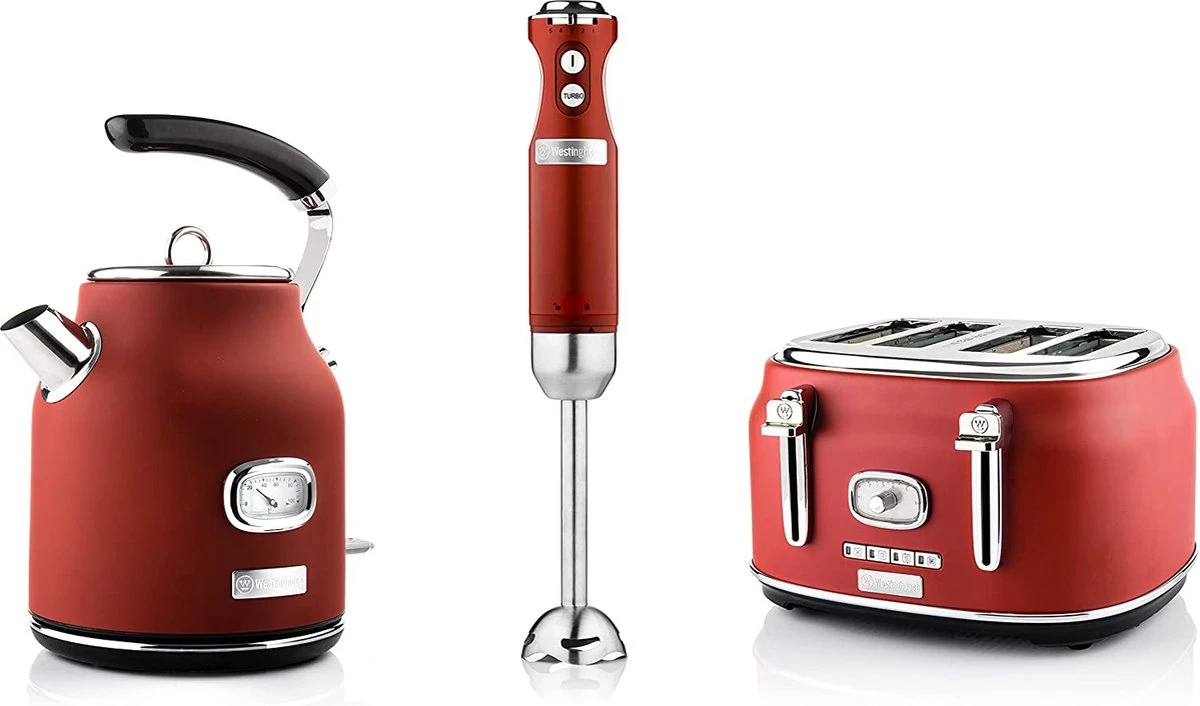 Westinghouse Retro Waterkoker + Broodrooster 4 Sleuven + Staafmixer - Rood 1 Westinghouse Retro Waterkoker + Broodrooster 4 Sleuven + Staafmixer - Rood